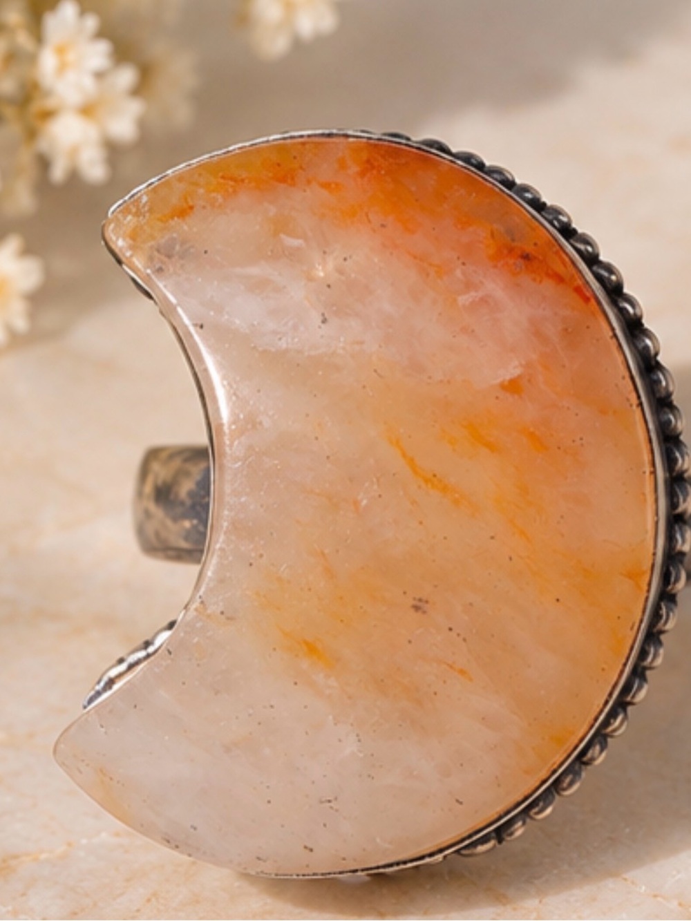 Orange Moonstone Crescent Statement Ring - Women Jewelry